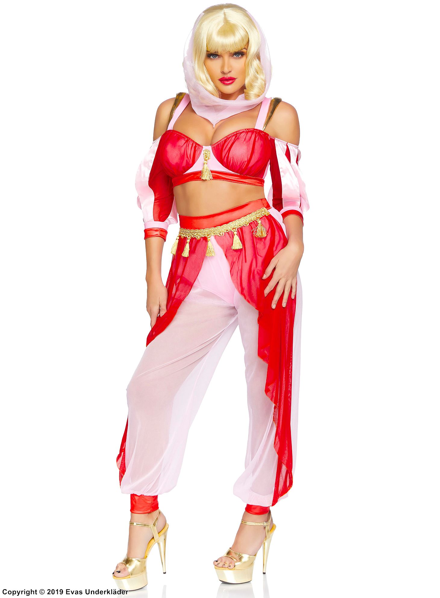 Female genie in a bottle, top and pants costume, tassels, cold shoulder